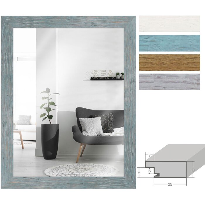 Oglindă de perete MendeFrames H750, stil casă de coastă, lemn masiv, profil plat 3,2 cm