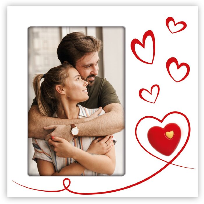 Rama foto Roberta 10x15 cm verticală albă cu inimi și suport de fixare