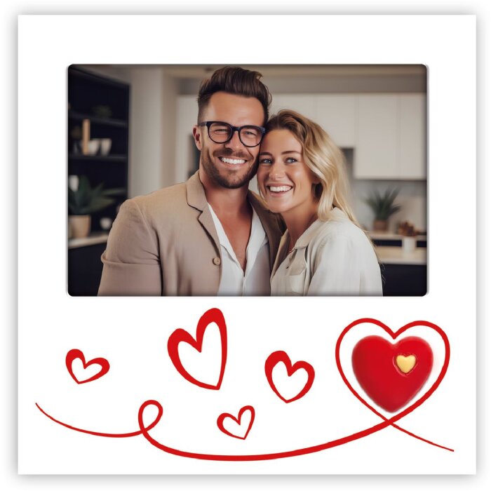 Ramă foto Roberta 10×15 cm din lemn alb cu motive de inimă și suport de poziționare