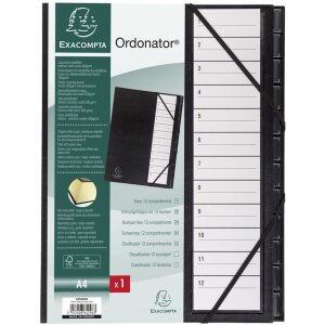 Exacompta Ordnungsmappe 12 Fächer Kunststofftaben 1-12 Ordonator Schwarz DIN A4