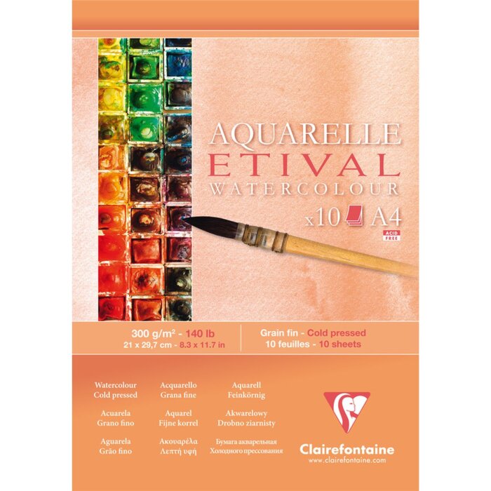 Clairefontaine Aquarellpapier feinkörnig ETIVAL A4 300g 10 Blatt Weiß
